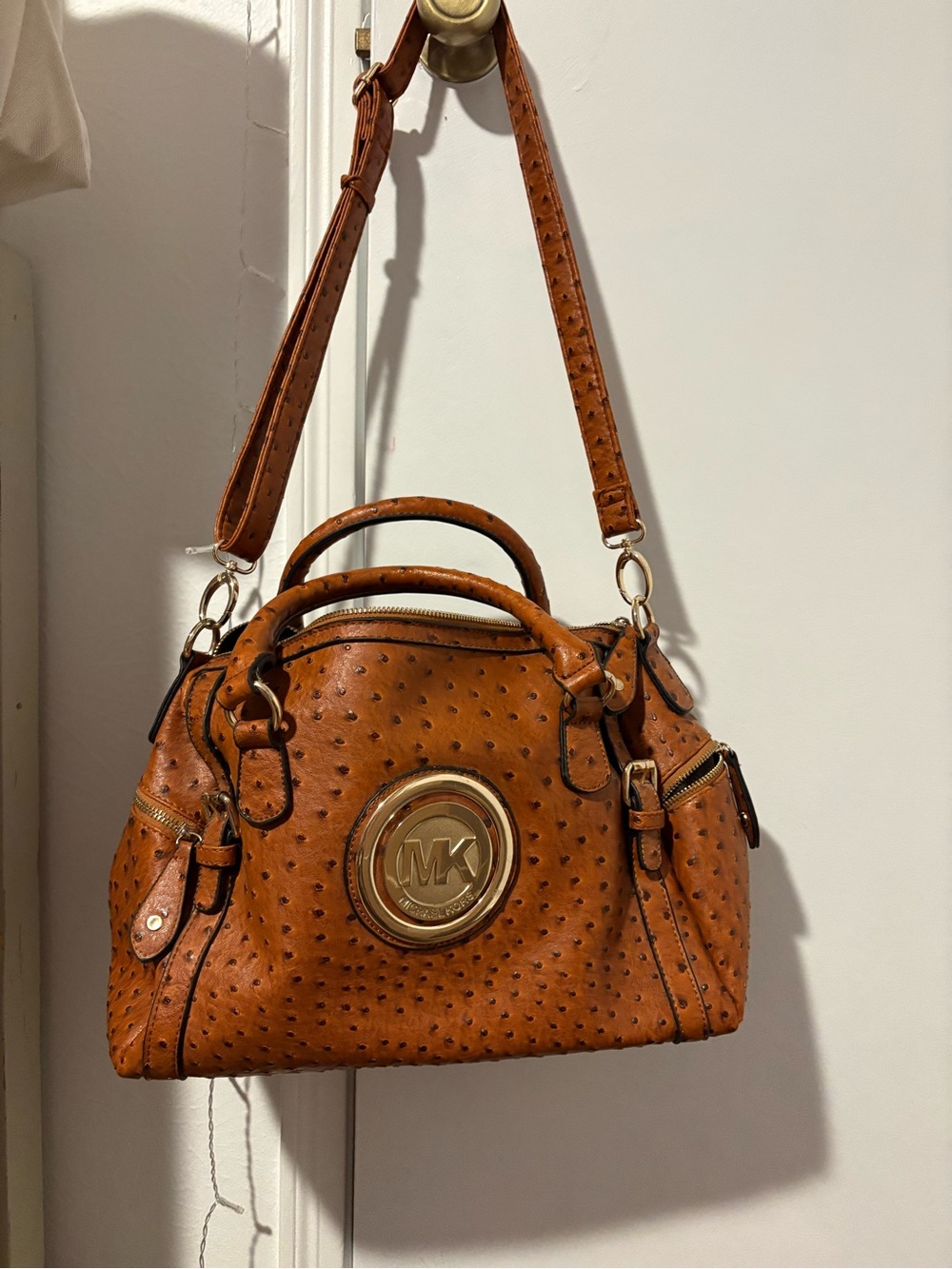 Michael Kors Cognac Ostrich-Embossed Leather Satchel with Gold Logo